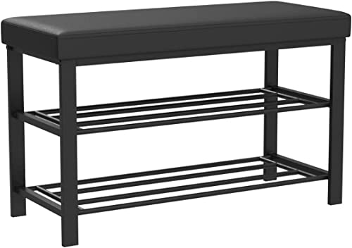 Finnhomy Entryway Shoe Rack with Cushioned Seat, 2 Shelves Storage Bench w/Faux Leather Top Bed Bench, Black