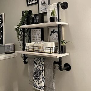 rogmars industrial pipe shelving bathroom pipe shelves with towel bar,2 tier 24 inch retro white rustic farmhouse pipe industrial wall shelves bathroom shelves over toilet for storage