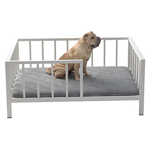 OSCHF Dog Bed with Rails - Elevated Pet Metal Bed Frame with Solid Wood Board and Washable Soft Mat for Medium Dog Indoor or Outdoor Use, 25.2" x 37.8", White