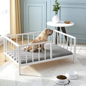OSCHF Dog Bed with Rails - Elevated Pet Metal Bed Frame with Solid Wood Board and Washable Soft Mat for Medium Dog Indoor or Outdoor Use, 25.2" x 37.8", White