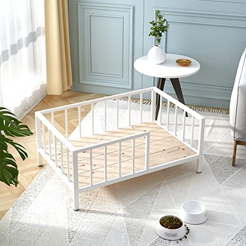 OSCHF Dog Bed with Rails - Elevated Pet Metal Bed Frame with Solid Wood Board and Washable Soft Mat for Medium Dog Indoor or Outdoor Use, 25.2" x 37.8", White