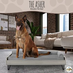 wooden dog bed with water resistant mattress, large to extra large elevated pet bed with calming mattress, greenguard gold certified, modern dog couch, silver, asher – tailzzz