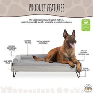 Wooden Dog Bed with Water Resistant Mattress, Large to Extra Large Elevated Pet Bed With Calming Mattress, Greenguard Gold Certified, Modern Dog Couch, Silver, Asher - TailZzz