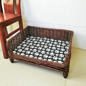 Elevated Dog Bed Cats Cot Brown Willow Rattan, Large/Medium/Small Pet Bed for Rabbits, with Cushion Pad (Size : L 120 x W 70 cm)