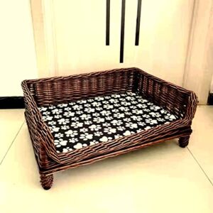 Elevated Dog Bed Cats Cot Brown Willow Rattan, Large/Medium/Small Pet Bed for Rabbits, with Cushion Pad (Size : L 120 x W 70 cm)