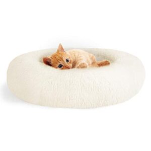 round cat bed donut dog bed, washable cuddler pet cushion faux shag fur cat cot with bolster and anti-slip base, self-warming plush cat den for kitten, puppies, small medium size below 20 lbs white