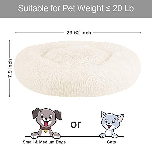 Round Cat Bed Donut Dog Bed, Washable Cuddler Pet Cushion Faux Shag Fur Cat Cot with Bolster and Anti-Slip Base, Self-Warming Plush Cat Den for Kitten, Puppies, Small Medium Size Below 20 Lbs White