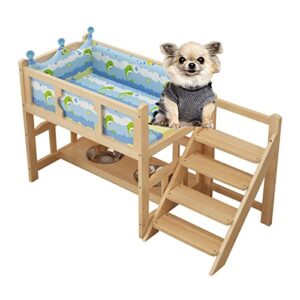 pet bed cool wooden dog bed, blue 2-layer pet bed, with stairs + guardrail + dining table, dog furniture(size: m（60x45x65cm）)