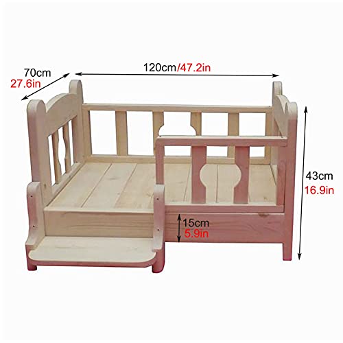 HYDT Large Medium Small Dog Bed Elevated Solid Wood Pet Cot with Washable Mattress,Heavy Duty Kennel with Bedding&Stairs (Size : 120x70x43cm/47.2x27.6x16.9in)