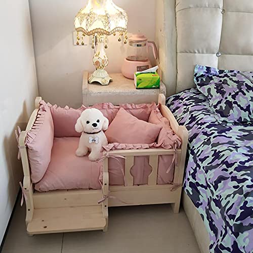 HYDT Large Medium Small Dog Bed Elevated Solid Wood Pet Cot with Washable Mattress,Heavy Duty Kennel with Bedding&Stairs (Size : 120x70x43cm/47.2x27.6x16.9in)