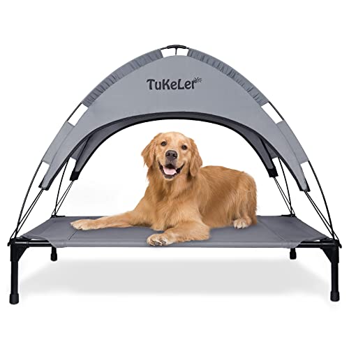 TUKELER Elevated Dog Bed with Canopy,Outdoor Dog Bed, Portable Raised Dog Cot for Medium Sized Dogs,Cool and Breathable,41.7"x19.5"x35.5", Grey