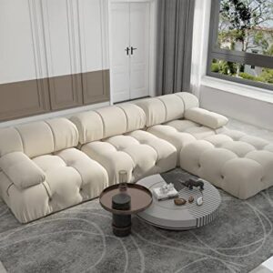 MGH Convertible Modular Minimalist Sofa with Ottomans, L-Shaped Velvet Sectional Couches, 4-Seat Sofa with Reversible Chaise for Living Room (Beige)