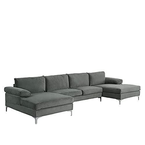 Casa Andrea Milano Modern Large Velvet Fabric U-Shape Sectional Sofa, Double Extra Wide Chaise Lounge Couch, Fossil