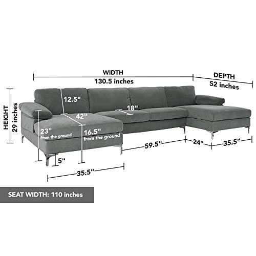 Casa Andrea Milano Modern Large Velvet Fabric U-Shape Sectional Sofa, Double Extra Wide Chaise Lounge Couch, Fossil