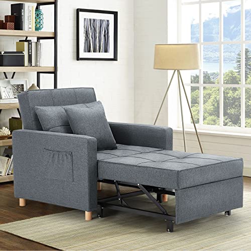 Esright 40 Inch Sleeper Chair Bed 3-in-1 Convertible Futon Chair Multi-Functional Sofa Bed Adjustable Reading Chair, Sofa, Bed, Sleeper Chair with Modern Linen Fabric, Drak Grey