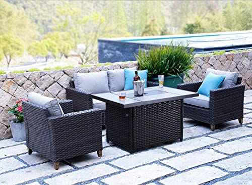 Grand patio Sofa Sets 5 Pieces Conversation Set with Fire Pit Table, Luxury Heavy Duty Wicker Patio Furniture Sectional Sofa with Thick Cushions (Brown Set with Fire Pit, 5 PCS)