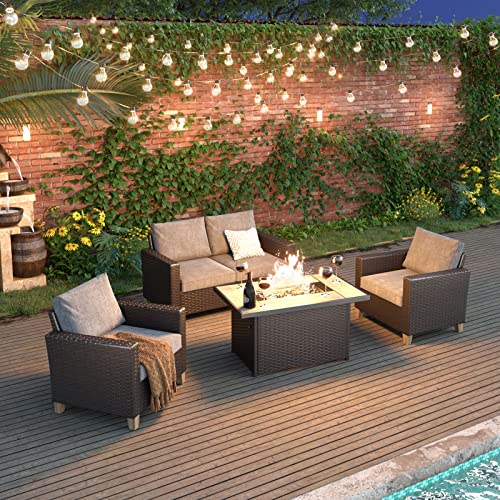 Grand patio Sofa Sets 5 Pieces Conversation Set with Fire Pit Table, Luxury Heavy Duty Wicker Patio Furniture Sectional Sofa with Thick Cushions (Brown Set with Fire Pit, 5 PCS)