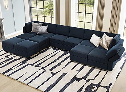 Belffin Oversized Modular Sectional Sofa U Shaped Sectional Couch with Reversible Double Chaises Velvet Modular Sectional Sleeper Sofa with Storage Blue