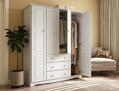 Palace Imports 100% Solid Wood Family Wardrobe/Armoire/Closet, White. 3 Clothing Rods Included. NO Shelves Included. Optional Shelves Sold Separately. 60.25" w x 72" h x 20.75" d