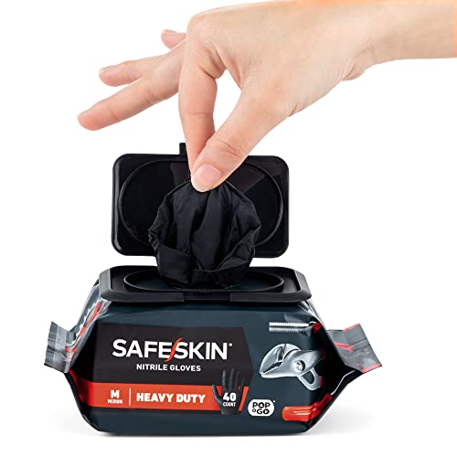 SAFESKIN* Nitrile Exam Disposable Gloves in POP-N-GO* Pack, Heavy Duty, Size X-Large, Powder-Free, Black - For Household Plumbing, Gardening, Painting - Exam Gloves, 40 Count