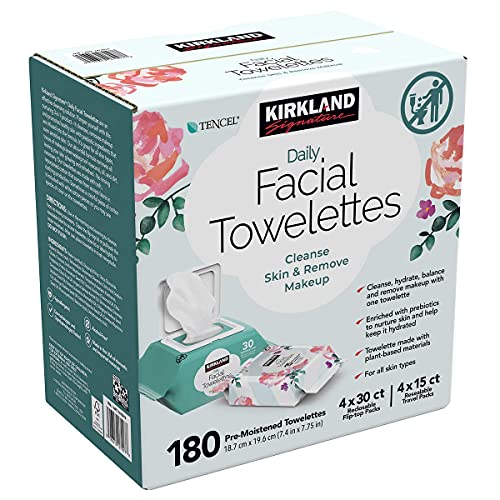 Kirkland Daily Facial Towelettes, 180 CT | 180 Pre-Moistened Towelettes | Hypoallergenic | Alcohol-Free | 4 x 30ct Reclosable Flip-top Packs | 4 x 15ct Resealable Travel Packs