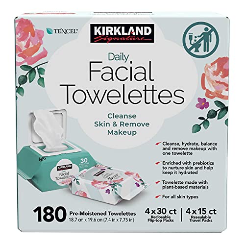 Kirkland Daily Facial Towelettes, 180 CT | 180 Pre-Moistened Towelettes | Hypoallergenic | Alcohol-Free | 4 x 30ct Reclosable Flip-top Packs | 4 x 15ct Resealable Travel Packs