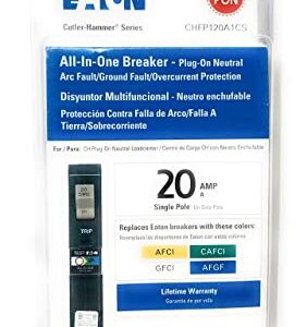 All-In-One Breaker 20 Amp single Pole Plug-on Neutral Arc Fault/Ground CHFP120A1CS Eaton