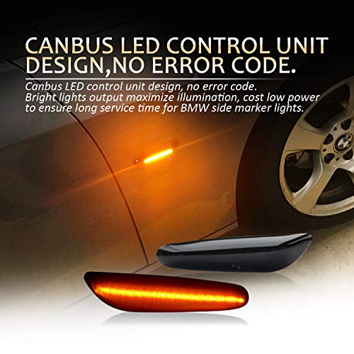 D-Lumina Sequential LED Side Marker Turn Signal Lights Compatible with BMW E90 E91 E92 E93 E46 E53 E60 E61 X3 E83 X 1 E84 E81 E82 E87 E88, Smoked Lens Sidemarker Dynamic Amber Lamps Pack of 2