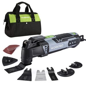 workpro oscillating multi-tool kit, 3.0 amp corded quick-lock replaceable oscillating saw with 7 variable speed, 3° oscillation angle, 17pcs saw accessories, and carrying bag