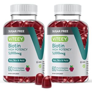 sugar free biotin gummies 5,000mcg – for healthy hair growth, healthy skin glow, & strong healthy nail growth for women, men, & teens -vegan, non gmo, gluten free -chewable raspberry flavored gummies