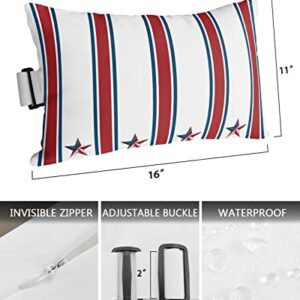 Recliner Head Pillow Ledge Loungers Chair Pillows with Insert 4th of July Star Stripes White Lumbar Pillow with Adjustable Strap Outdoor Waterproof Patio Pillows for Beach Pool Chair, 2 PCS