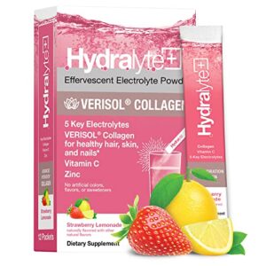 hydralyte electrolytes plus collagen, lightly sparkling strawberry lemonade verisol collagen powder packets – clinical daily dose of high grade collagen with vitamin c and zinc (8oz serving, 12 count)
