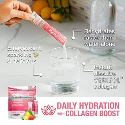 HydraLyte Electrolytes Plus Collagen, Lightly Sparkling Strawberry Lemonade VERISOL Collagen Powder Packets - Clinical Daily Dose of High Grade Collagen with Vitamin C and Zinc (8oz Serving, 12 Count)