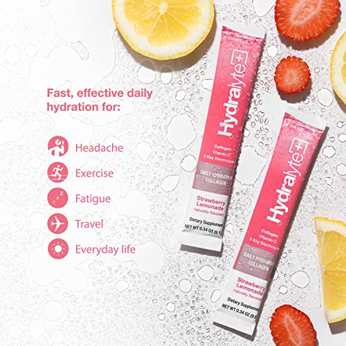 HydraLyte Electrolytes Plus Collagen, Lightly Sparkling Strawberry Lemonade VERISOL Collagen Powder Packets - Clinical Daily Dose of High Grade Collagen with Vitamin C and Zinc (8oz Serving, 12 Count)