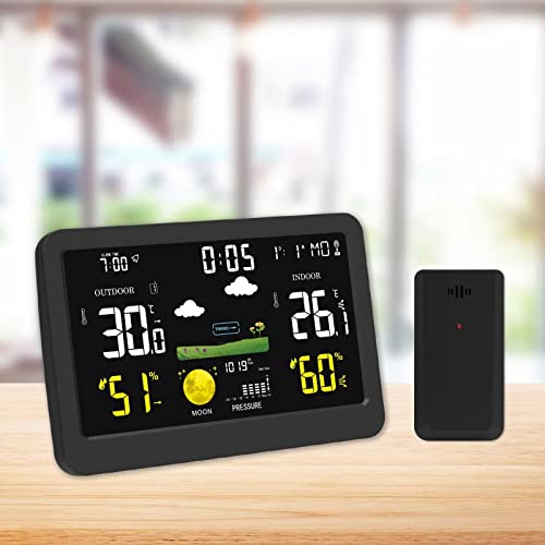 Weather Station with Atomic Clock Indoor Outdoor Thermometer Wireless, Humidity and Temperature Monitor Barometer Hygrometer with High Precision Sensor