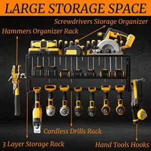 MOOMSINE Power Tool Organizer, Storage Rack for Garage Organization, Wall Mount Cordless Drill Holder and Battery Shelf, Tools Shelves with Charging Station, Heavy Duty Utility Racks - Metal - Large