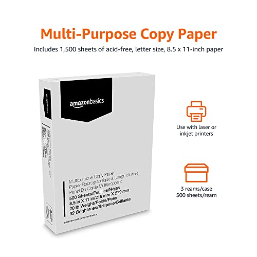 Amazon Basics Multipurpose Copy Printer Paper, 8.5 x 11 Inch 20Lb Paper - 3 Ream Case (1,500 Sheets), 92 GE Bright White