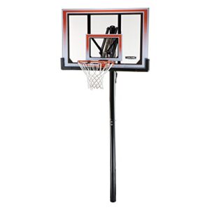 lifetime in-ground basketball hoop with 50 inch steel-framed shatterproof backboard, heavy duty slam-it rim, 3-piece steel pole, action grip adjustment mechanism