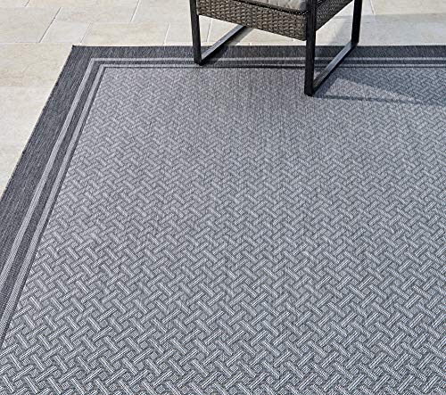 Gertmenian Indoor Outdoor Area Rug, Classic Flatweave, Washable, Stain & UV Resistant Carpet, Deck, Patio, Poolside & Mudroom, 9x13 Ft Extra Large, Simple Border, Silver Gray, 21978