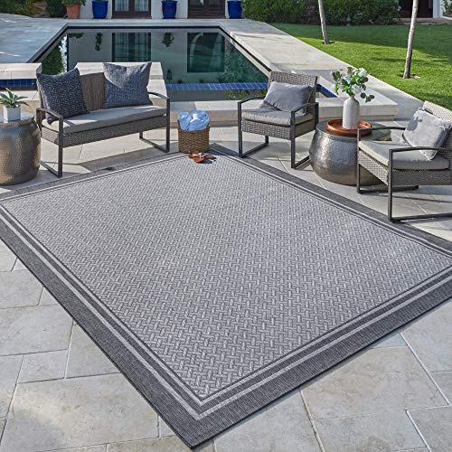 Gertmenian Indoor Outdoor Area Rug, Classic Flatweave, Washable, Stain & UV Resistant Carpet, Deck, Patio, Poolside & Mudroom, 9x13 Ft Extra Large, Simple Border, Silver Gray, 21978