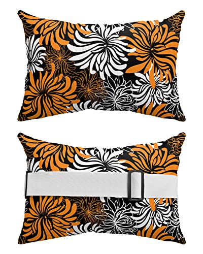 Recliner Head Pillow Ledge Loungers Chair Pillows with Insert Orange and Black Dahlia Foral Lumbar Pillow with Adjustable Strap Outdoor Waterproof Patio Pillows for Beach Pool Chair, 2 PCS