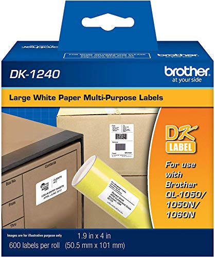 Brother Genuine DK-1240 Die-Cut Large Multi-Purpose White Paper Labels for Brother QL Label Printers, 1.9" x 4" (50.5mm x 101mm), 600 Labels per Roll, DK1240 (4)