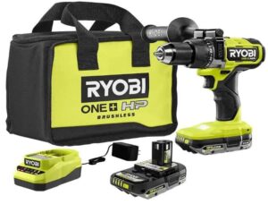 ryobi one+ hp 18v brushless cordless 1/2 in. hammer drill kit with (2) 2.0 ah batteries, charger, and bag (pblhm101k2)