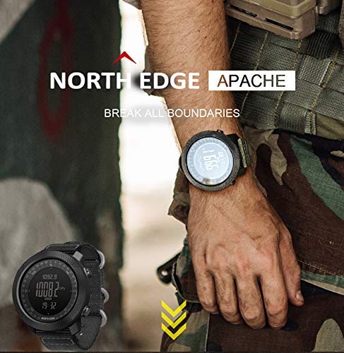 North Edge Apache Tactical Sports Watches for Men Outdoor Survival Military Compass Rock Solid Digital Watches with Durable Band, Steps Tracker Pedometer Calories (Black)