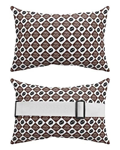 Recliner Head Pillow Ledge Loungers Chair Pillows with Insert HDrawn Brown Cube Plaid Coffee Bean Cups Lumbar Pillow with Adjustable Strap Outdoor Waterproof Patio Pillows for Beach Pool, 2 PCS