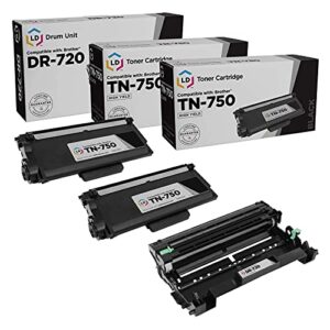 LD Products Compatible Toner Cartridge & Drum Unit Replacements for Brother TN750 High Yield & DR720 (2 Toners, 1 Drum, 3-Pack)