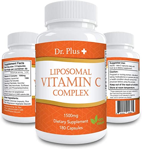 Liposomal Vitamin C Complex 1500mg(2 Capsules) - 180 Capsules - High Absorption Vitamin C- Supports Immune System and Collagen Booster - Powerful Antioxidant High Dose Fat Soluble Supplement Dr.Plus