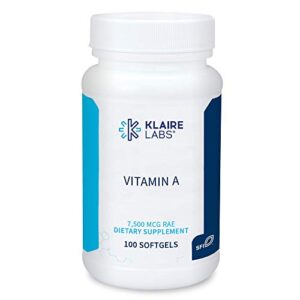 klaire labs vitamin a – high potency 25000 iu dose (7,500mcg rae) from fish liver oil, preformed retinol form (100 softgels)