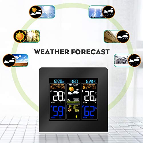 Dushiabu Weather Stations Wireless Indoor Outdoor, Color Display Digital Thermometer Monitor with Atomic Clock, Weather Forecast Station with Adjustable Backlight