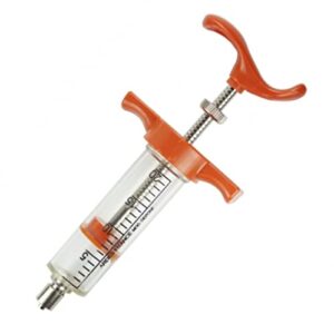 ardes 20 ml veterinary syringe with dose nut. high precision and performance. unbreakable plastic barrel. luer lock. easy disassembly for cleaning. ergonomic design. adjustable dose., clear / orange